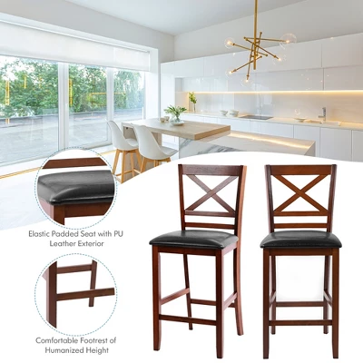 Costway Set Of 4 Bar Stools 25'' Counter Height Chairs W/ PU Leather Seat Walnut 3 Costway Set Of 4 Bar Stools 25'' Counter Height Chairs W/ PU Leather Seat Walnut - Image 3