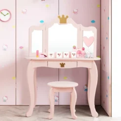 Costway Kids Makeup Dressing Table Chair Set Princess Vanity & Tri-folding Mirror -Costway GUEST f8895ce8 bca3 40fc 9ff5 3989b4a9ec9a