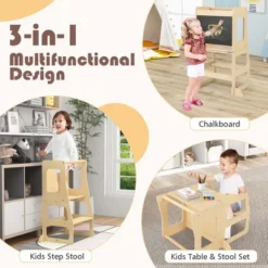 Costway 3-in-1 Foldable Kitchen Standing Tower For Toddlers With Chalkboard Weaning Table Natural -Costway GUEST f8cee1ac 9993 4ed9 836f 2e129508b16b