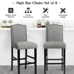 Costway Set Of 2 Bar Stools 30'' Upholstered Kitchen Rubber Wood Full Back Chairs Gray -Costway GUEST fa1dc069 af52 4591 b7a7 afce36d5b031