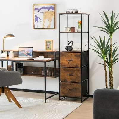 Costway Vertical 3 Drawer Dresser W/ 3 Shelves Tall Storage Tower Chest Freestanding 2 Costway Vertical 3 Drawer Dresser W/ 3 Shelves Tall Storage Tower Chest Freestanding - Image 2