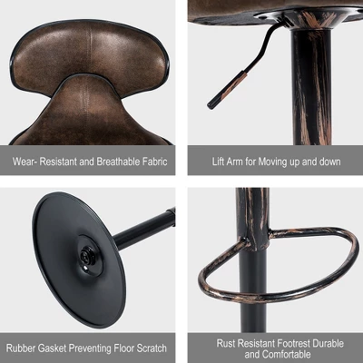 Costway Set Of 4 Adjustable Bar Stools Swivel Bar Chairs W/ Backrest Retro Brown Hot-Stamping Cloth 7 Costway Set Of 4 Adjustable Bar Stools Swivel Bar Chairs W/ Backrest Retro Brown Hot-Stamping Cloth - Image 7