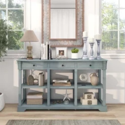 Costway 58'' Long Sofa Table With Storage Retro Console Table With 3 Drawers & Open Shelves Blue/White -Costway GUEST fc9d3059 a412 46ae 859e 0a8ff23367eb