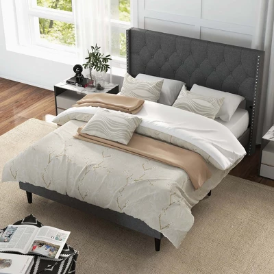 Costway Full/Queen Size Upholstered Platform Bed Button Tufted Headboard Mattress Foundation 10 Costway Full/Queen Size Upholstered Platform Bed Button Tufted Headboard Mattress Foundation - Image 10