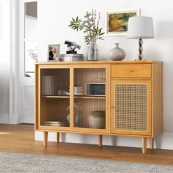 Costway Buffet Sideboard Cabinet Rattan Console Table With Sliding Doors Storage Drawer