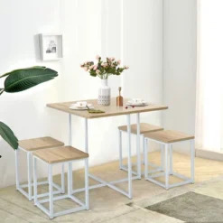 Costway 5pcs Dining Set Compact Dining Table And 4 Stools Metal Frame NatureVintage