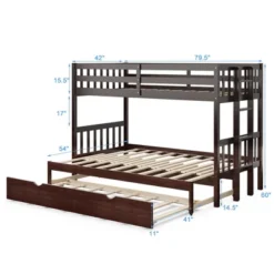 Costway 55 Costway Twin Over Twin Pull-Out Bunk Bed With Trundle Wooden Ladder WhiteEspresso